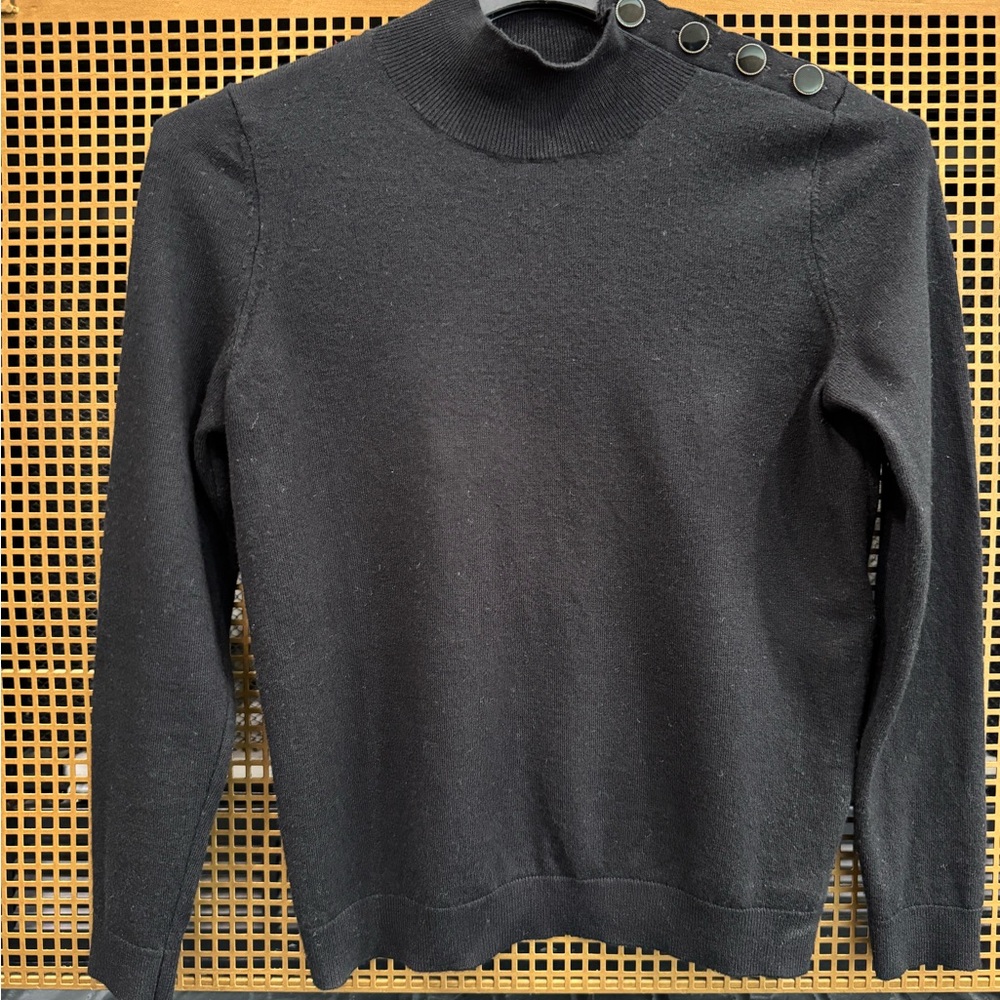 Sezane Black Merino Wool Button-Shoulder Sweater